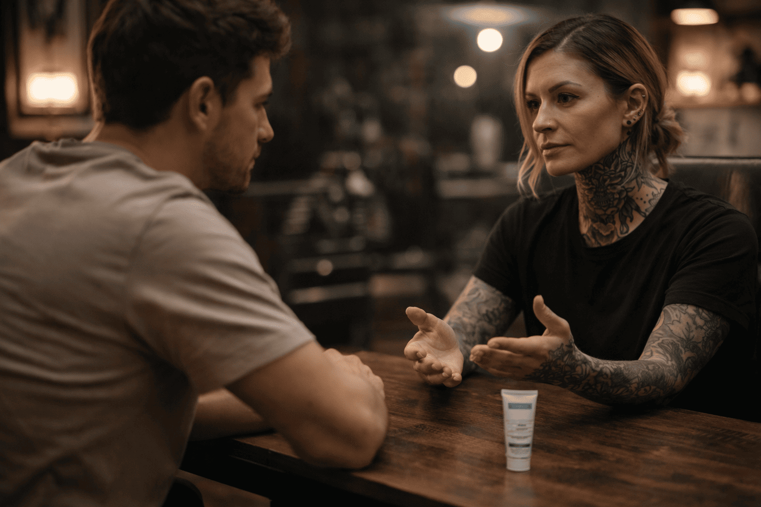 Beratungsgespräch zwischen einer tätowierten Tattoo-Künstlerin und einem Kunden im Hood 7 Tattoo Studio, beide sitzen sich ruhig gegenüber, während sie verantwortungsvoll über den Einsatz von Betäubungscreme sprechen, die ungeöffnet auf dem Tisch liegt.