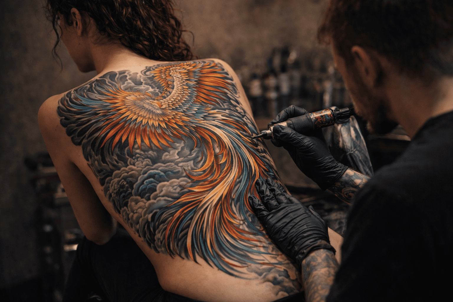Tätowierer arbeitet konzentriert an einem großflächigen, farbintensiven Rückentattoo mit detailreicher Linienführung und kräftigen Farbverläufen. Das Motiv zeigt ein kunstvoll gestaltetes, realistisches Tattoo mit hoher Farbtiefe und Präzision und steht symbolisch für die kreative Wirkung und technische Verantwortung farbiger Tattoos im professionellen Tattoo-Studio.