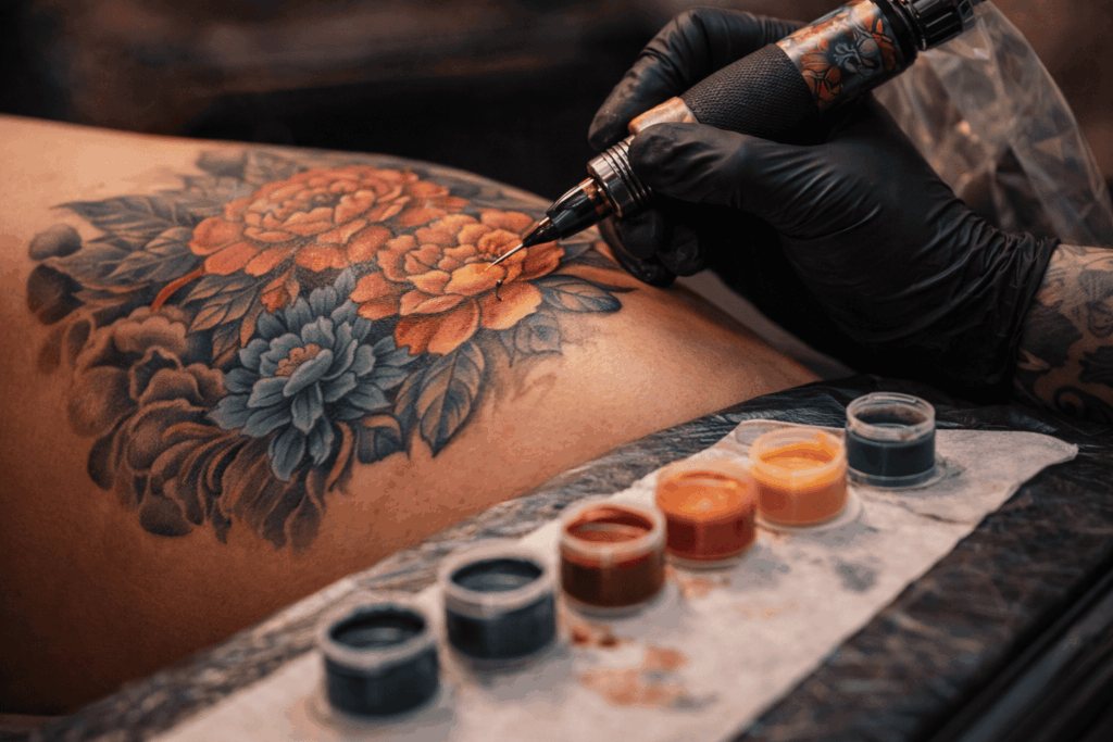 Nahaufnahme eines professionell gestochenen farbigen Blumen-Tattoos während der Arbeit im Tattoo-Studio. Ein Tattoo-Artist trägt mit ruhiger Hand Farbe auf, daneben stehen geöffnete Farbpigmente. Das Bild steht für hochwertige Farbtattoos, präzises Handwerk und verantwortungsvollen Umgang mit Tattoo-Farben.