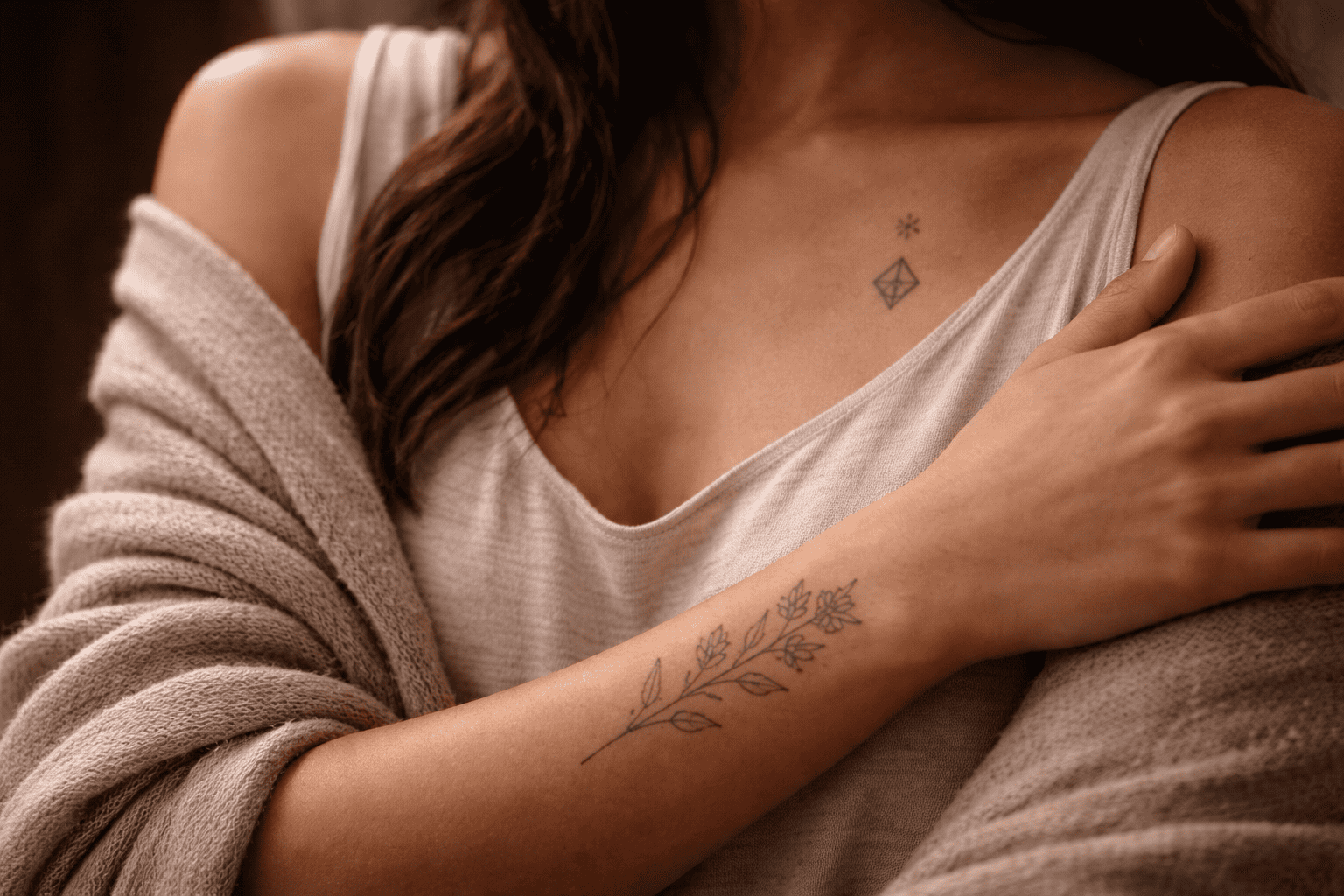 Editorialaufnahme einer Person mit mehreren dezenten Fineline-Tattoos, darunter ein florales Linienmotiv am Unterarm und ein geometrisches Symbol im Brustbereich, dargestellt in warmer Lichtstimmung mit Fokus auf Individualität und Stilvielfalt.