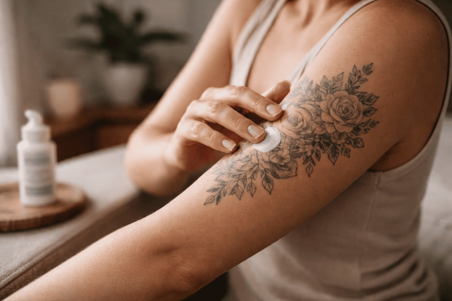 Ruhiger Pflegemoment nach der Heilung eines Tattoos, bei dem eine Person sanft parfümfreie Pflegecreme auf ein vollständig verheiltes, filigranes Tattoo am Oberarm aufträgt, in sauberer, warmer und entspannter Atmosphäre ohne Studio-Stress.