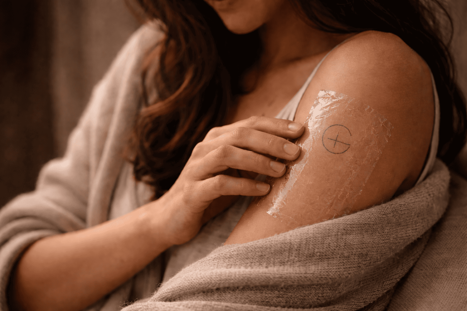 Detailaufnahme einer Person mit einem frisch gestochenen, minimalistischen geometrischen Fineline-Tattoo am Oberarm, geschützt durch eine transparente Folie, dargestellt in warmer, ruhiger Editorial-Lichtstimmung.