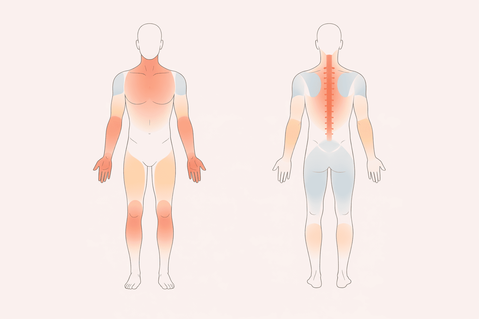 Minimalistische Körperillustration in Vorder- und Rückansicht zur Orientierung beim Tätowieren, mit dezent farblich markierten Bereichen, die unterschiedliche Schmerzempfindlichkeiten anzeigen, dargestellt in ruhigem, neutralem Stil ohne Beschriftung.