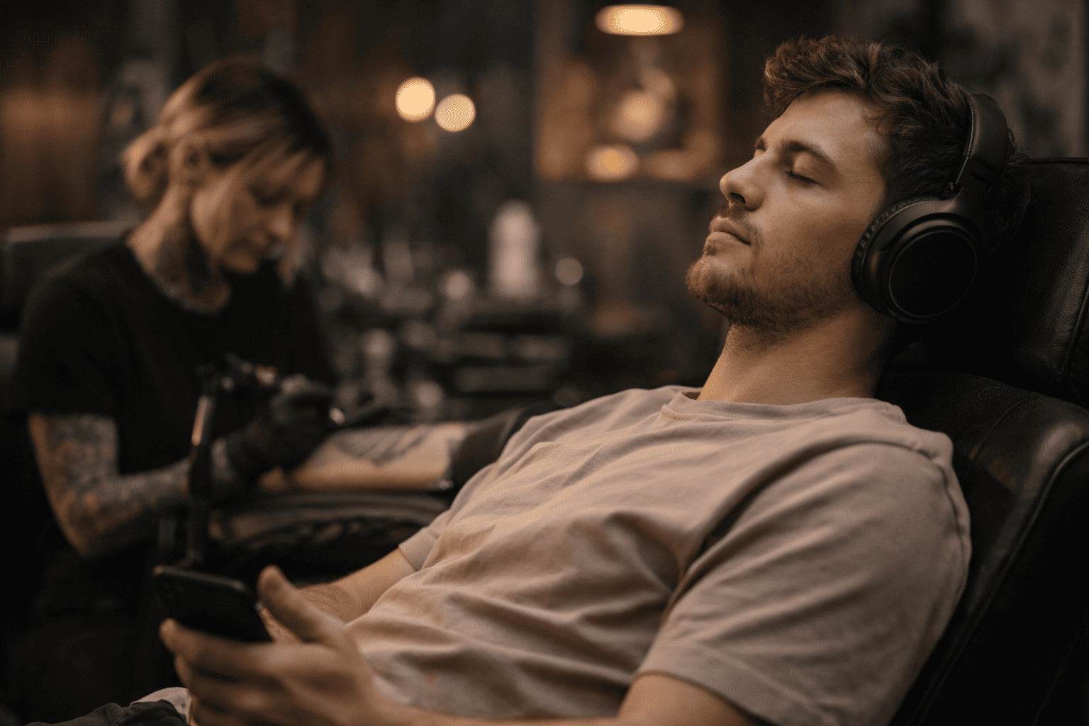 Entspannter Kunde sitzt während einer Tattoo-Session im Hood 7 Tattoo Studio in einem Tattoo-Stuhl, trägt Kopfhörer zur Ablenkung und wirkt ruhig, während eine Tattoo-Künstlerin im Hintergrund konzentriert arbeitet, in warmer, beruhigender Studio-Atmosphäre.