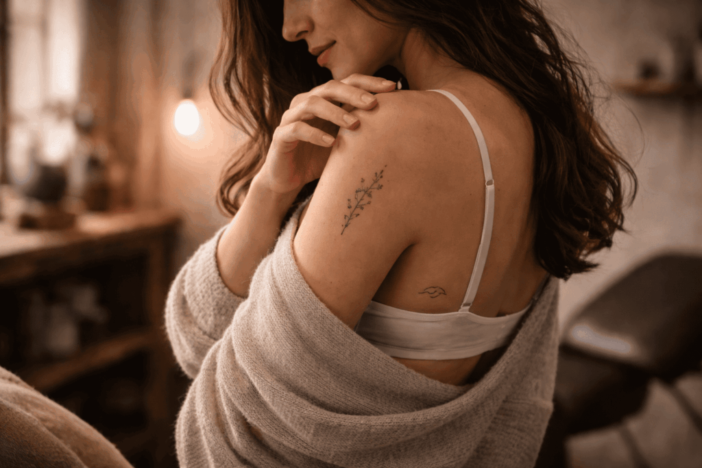 Ruhige Editorial-Aufnahme einer Frau von hinten mit dezenten Fineline-Tattoos an Schulter und Rippen, eingebettet in eine warme Studioatmosphäre, die Natürlichkeit, Eleganz und persönliche Tattoo-Kunst ausstrahlt.