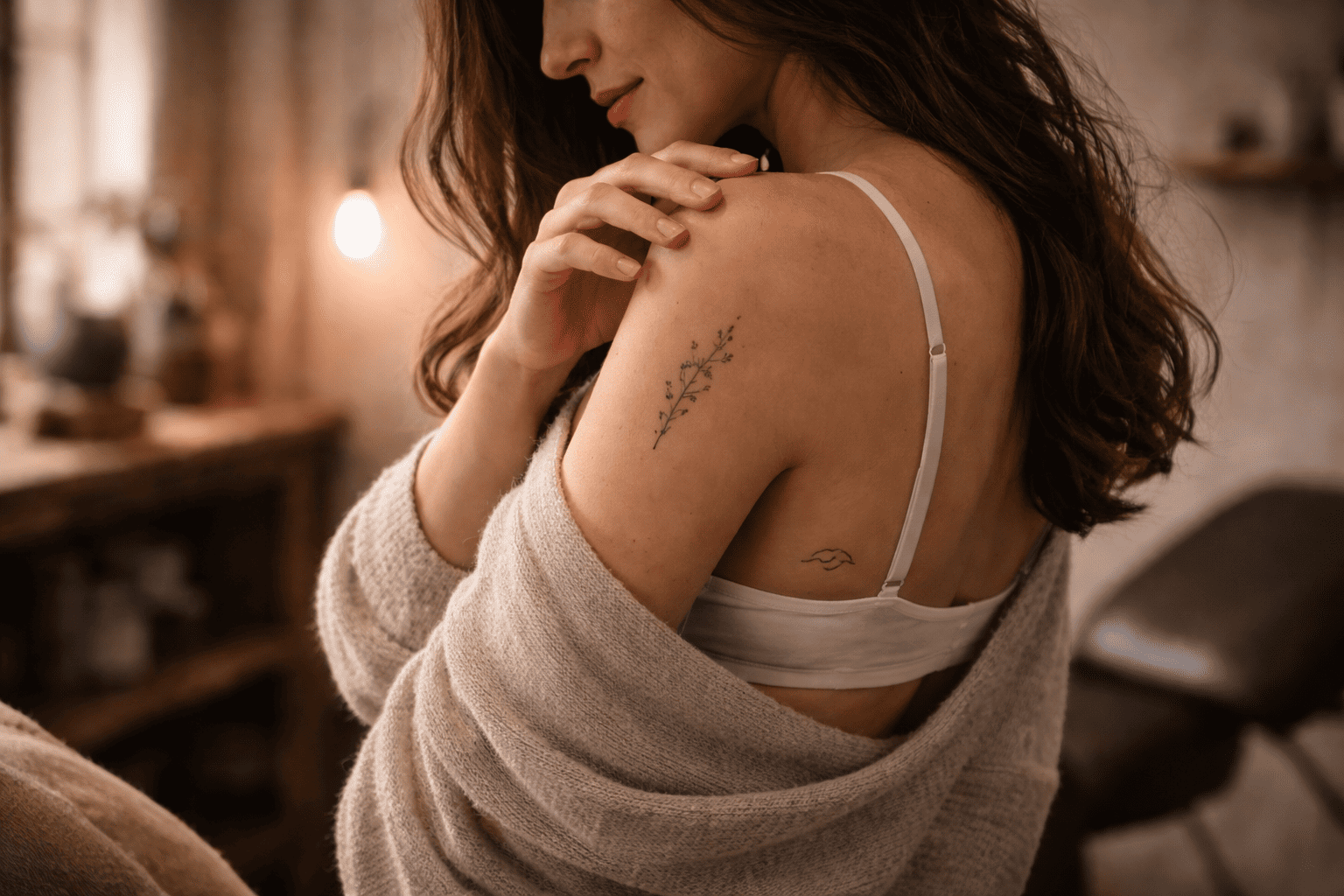 Ruhige Editorial-Aufnahme einer Frau von hinten mit dezenten Fineline-Tattoos an Schulter und Rippen, eingebettet in eine warme Studioatmosphäre, die Natürlichkeit, Eleganz und persönliche Tattoo-Kunst ausstrahlt.