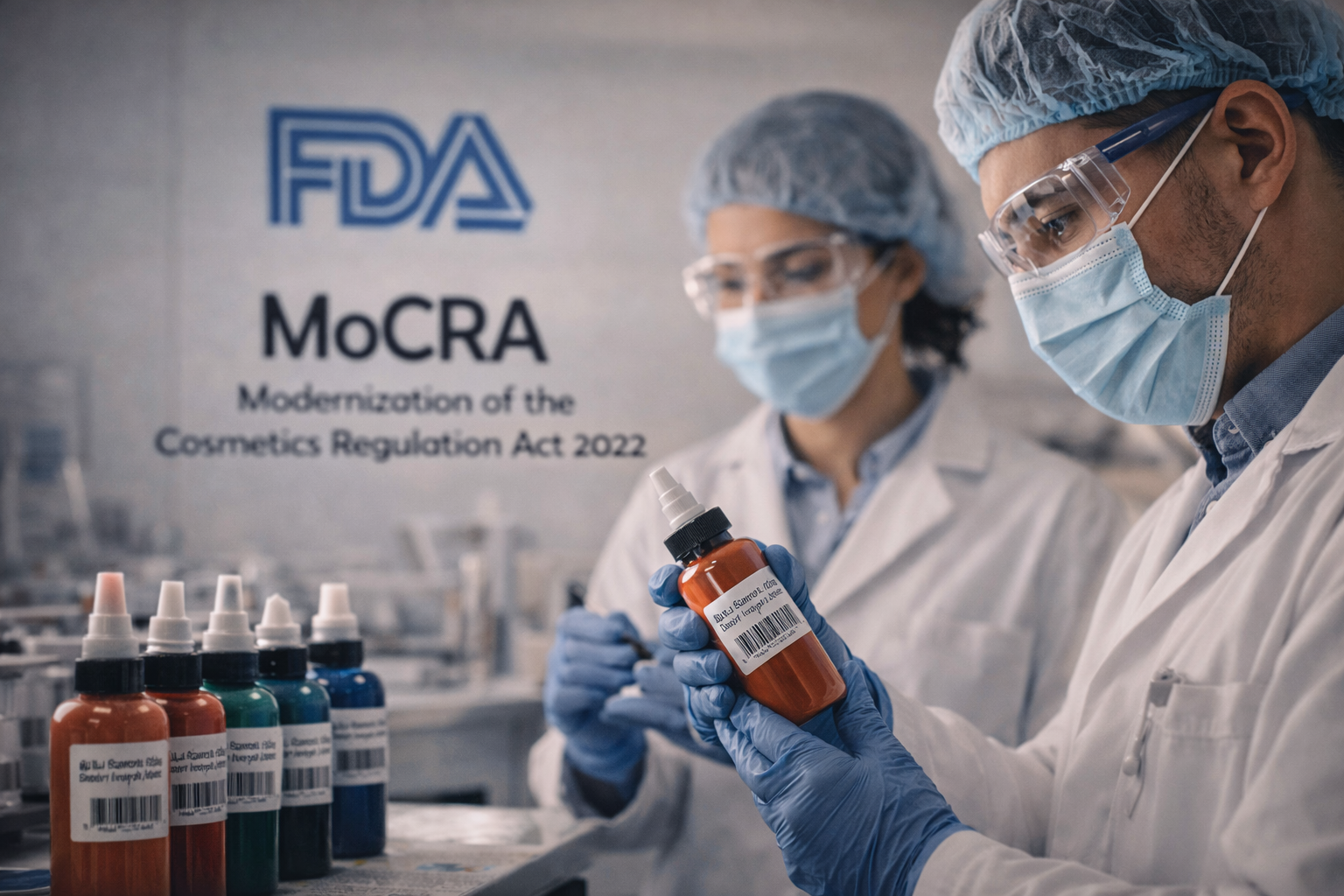 Wissenschaftler in Schutzkleidung untersuchen Tattoo-Farben im Labor, im Hintergrund der Schriftzug ‚FDA MoCRA – Modernization of the Cosmetics Regulation Act 2022‘ als Symbol für die strenge Regulierung von Tätowierfarben in den USA.