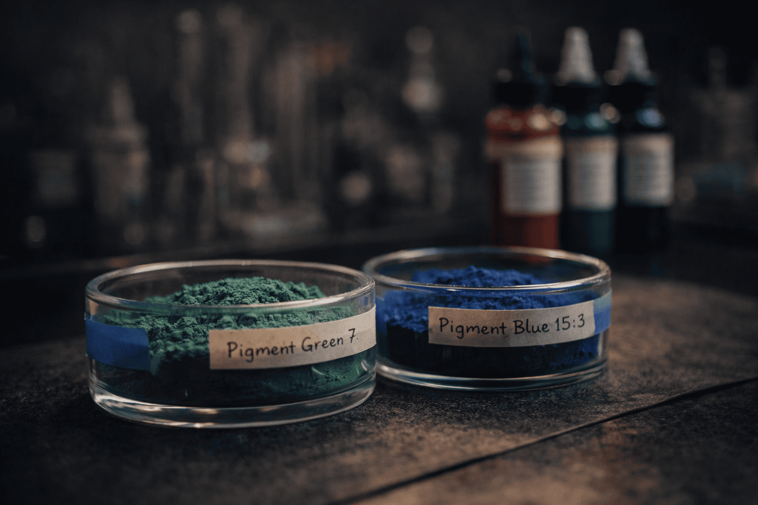 Zwei beschriftete Glasschalen mit pulverförmigen Tattoo-Pigmenten, gekennzeichnet als Pigment Green 7 und Pigment Blue 15:3, stehen auf einer dunklen Arbeitsfläche im Studio. Das Bild symbolisiert verbotene Tätowierfarben, chemische Pigmentregulierung und die Sicherheitsvorgaben für Tattoo-Tinten in der Europäischen Union.