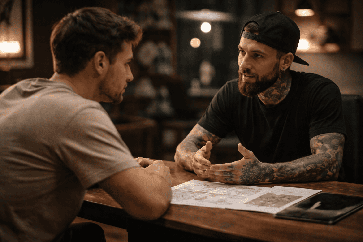 Ruhiges Beratungsgespräch zwischen einem tätowierten Tattoo-Künstler und einem Kunden im Hood 7 Tattoo Studio, beide sitzen sich entspannt gegenüber und besprechen gemeinsam ein Tattoo-Motiv in vertrauensvoller, konzentrierter Atmosphäre.