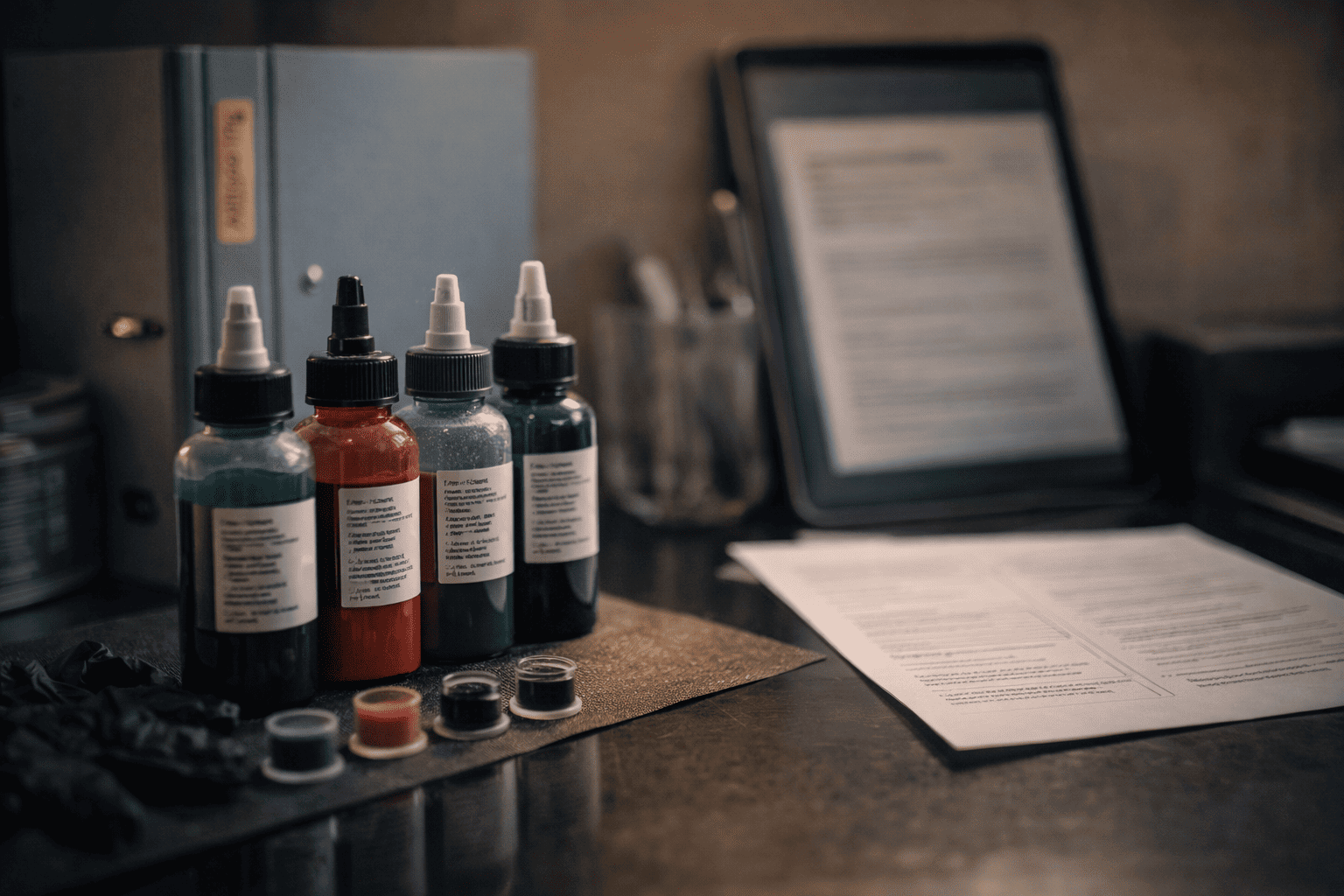 Tattoo-Farben in verschiedenen Farbtönen stehen ordentlich auf einem Arbeitstisch im Tattoo-Studio, daneben liegen Dokumente und ein Tablet mit Informationen. Das Bild symbolisiert die Regulierung, Transparenz und sichere Auswahl von Tätowierfarben sowie den verantwortungsvollen Umgang mit Pigmenten im professionellen Tattoo-Umfeld.